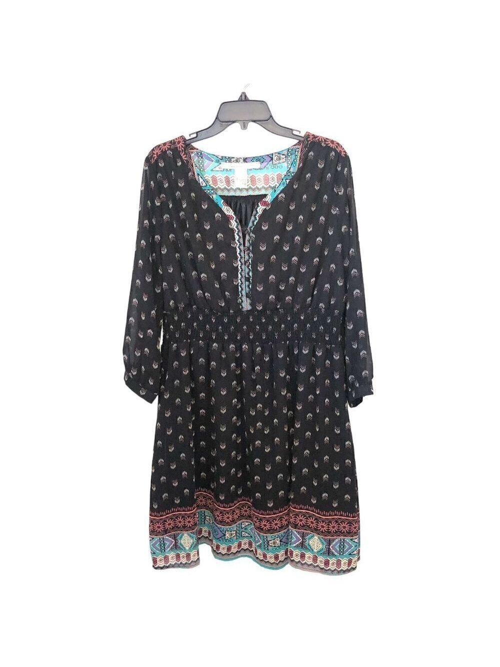 American Rag Long Sleeve Boho Dress Black Print Flowy Women's Size 1X